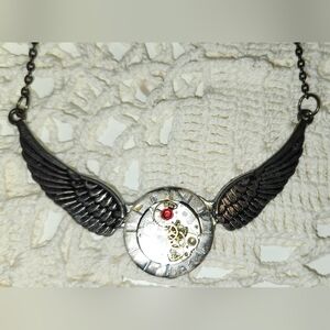 Steampunk Winged Necklace with Silver and Black Accents